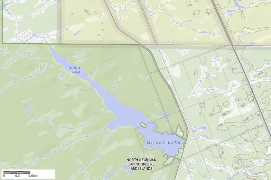 Topographical Map of Giroux Lake in Municipality of Unincorporated and the District of Parry Sound